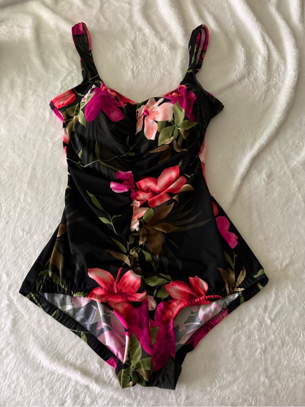 Le Cove Pink Coral Floral Black One Piece Ruched Middle Swimsuit 16